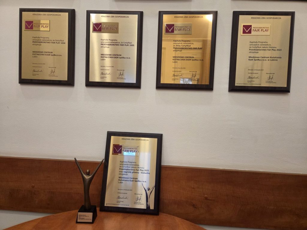 nagrody i certyfikaty Miedziowego Centrum Kształcenia Kadr