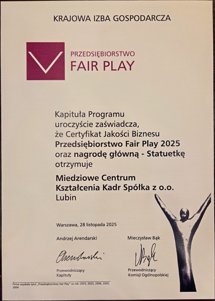 fair play 2025 certyfikat jakości biznesu mckk lubin